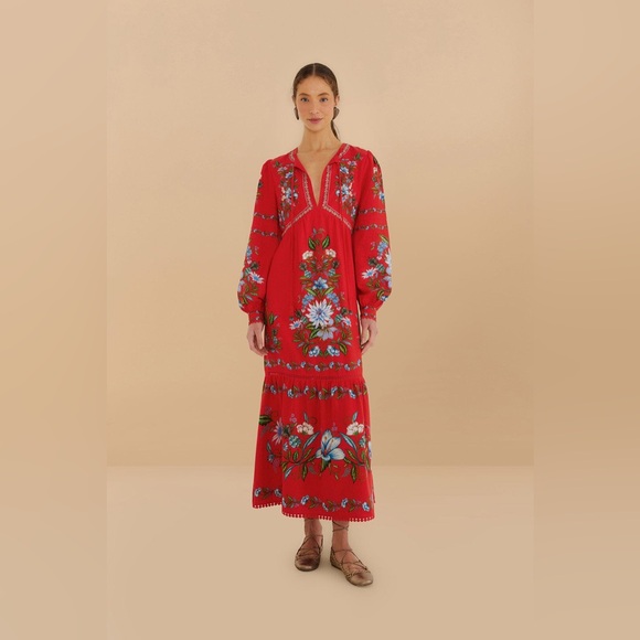 Farm Rio Red Sweet Bloom Bouquet Lenzing™ Ecovero™ Euroflax™ Midi Dress - Picture 1 of 7